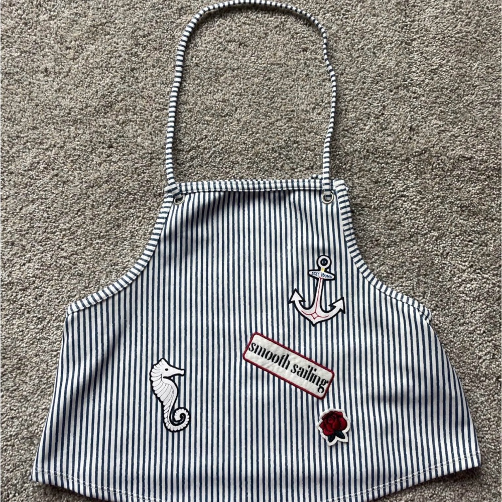 Zara Womens Striped Nautical Halter Top with Seahorse and Anchor Patches- Size S